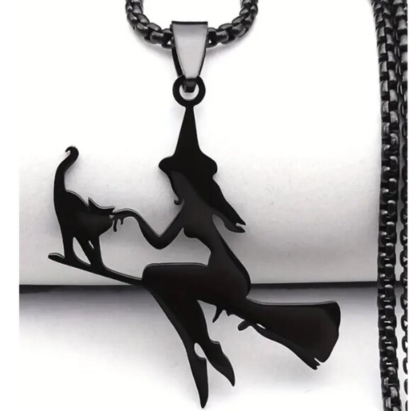 Pure Magic a Witch Riding a Broom with her Cat Necklace - Stainless Steel Black - Picture 1 of 3